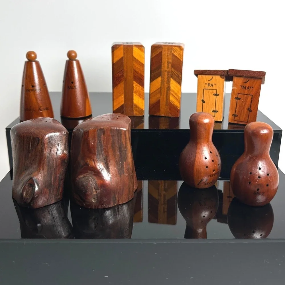 Vintage Salt Pepper Shaker Set Lot of 5 Wood Inlay Souvenir Novelty Rustic Mini